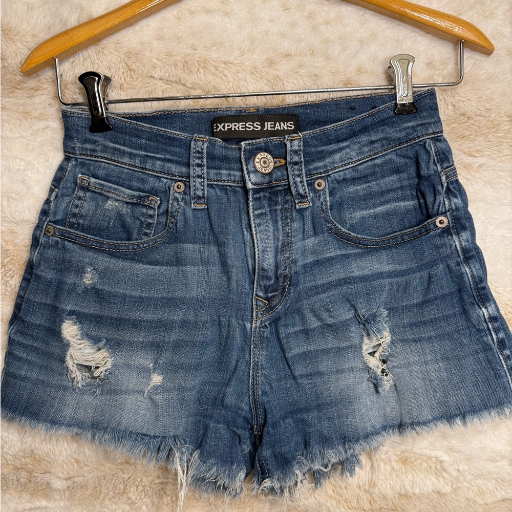 Express Blue Jean Shorts Distressed High-Waisted